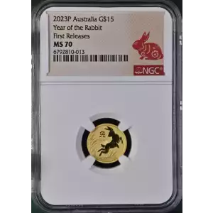 2023 Australia 1/10oz Gold $15 Lunar Year of the Rabbit NGC MS70 Coin FR