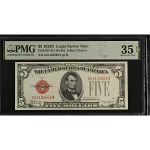 $5 1928-D red seal. Small Legal Tender Notes 1529