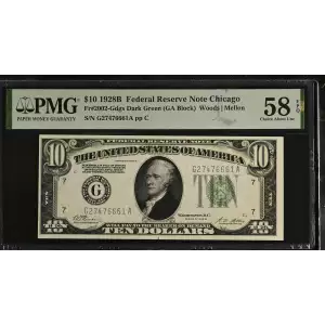 $10 1928-B. Exists with both light and dark Green seals Small Size $10 Federal Reserve Notes 2002-G